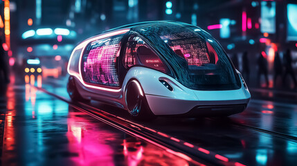 Fototapeta premium Futuristic autonomous vehicle illuminated by neon lights in a vibrant urban landscape, perfect for tech-themed wall art, posters, or digital backgrounds.