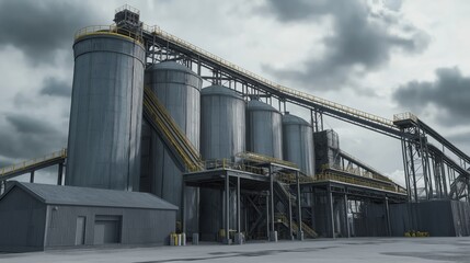 Obraz premium Industrial grain processing facility with steel silos under cloudy sky – large scale agriculture and storage infrastructure theme
