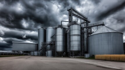 Modern industrial grain silos against dramatic cloudy sky on rural farm landscape with asphalt path and wheat field in foreground