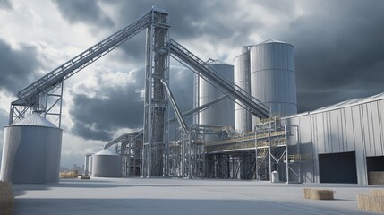 Obraz premium Modern industrial agriculture facility with steel silos and conveyors under dramatic cloudy sky, highlighting rural technology and infrastructure