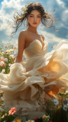 Elegant model in a flowy dress surrounded by a field of flowers, perfect for wall art, bridal fashion, or romantic themed decorations.