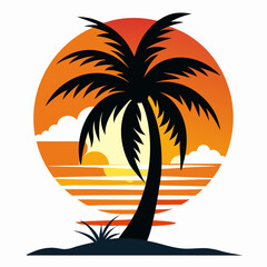 Coconut tree vector silhouette with see and sun set on white background