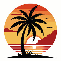 Coconut tree vector silhouette with see and sun set on white background