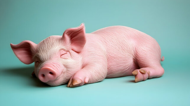 Sleeping Piglet on Teal Background, piglet sleeping, baby pig, pink pig, cute pig, adorable pig