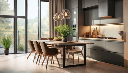 Fototapeta premium Stylish home kitchen interior with dining table, cabinet and panoramic window - Feel good