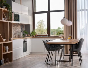 Fototapeta premium Stylish home kitchen interior with dining table, cabinet and panoramic window - Feel good