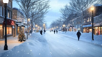 Fototapeta premium Snowy street scene with people strolling under glowing streetlights, AI
