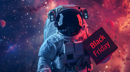 An astronaut in space holds a Black Friday sign against a cosmic background, symbolizing holiday sales with a futuristic, adventurous theme