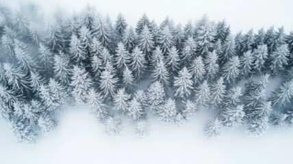Cold white winter landscape from above with snowy trees gradient. Aerial view, snow-covered forest, winter landscape, pine trees, misty atmosphere, ethereal, white and blue tones.