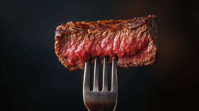 Juicy medium-rare steak on a fork with a dark background