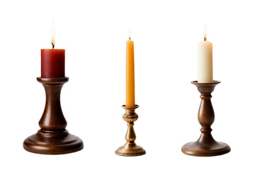 Trio of Decorative Candlesticks with Candles Isolated on Transparent Background