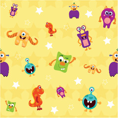 Vector Colorful Monster Pattern on Starry Background  with stars and various colorful, friendly monsters, including an orange one-eyed monster, a small red dinosaur, and ot