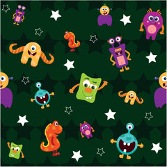 Vector Colorful Monster Pattern on Starry Background  with stars and various colorful, friendly monsters, including an orange one-eyed monster, a small red dinosaur, and ot