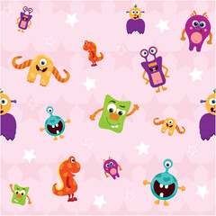 Vector Colorful Monster Pattern on Starry Background  with stars and various colorful, friendly monsters, including an orange one-eyed monster, a small red dinosaur, and ot