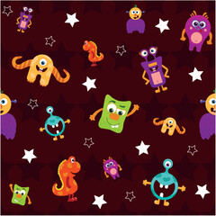 Vector Colorful Monster Pattern on Starry Background  with stars and various colorful, friendly monsters, including an orange one-eyed monster, a small red dinosaur, and ot