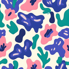 Abstract Floral Seamless Pattern in Pink, Blue, and Green, teal, cream, background, texture, design