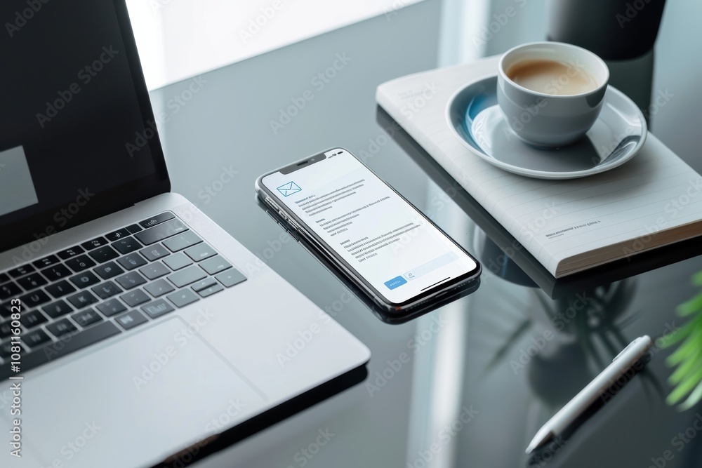 Aufkleber modern workspace with smartphone displaying email app and contract offer for business productivity