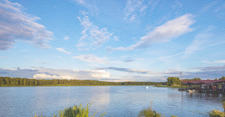 Calm lake with a few trees in the background