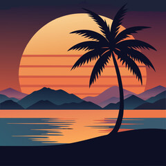 palm tree and sunset vector flat art