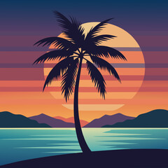 palm tree and sunset vector flat art