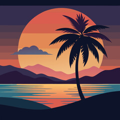 palm tree and sunset vector flat art