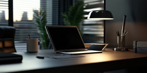 A laptop on a desk with a lamp and office supplies.