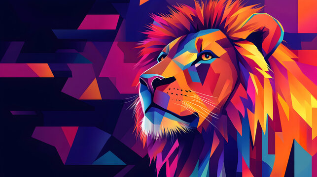 Majestic Lion in Vibrant Geometric Style, abstract, colorful, colorful lion, geometric lion, abstract lion