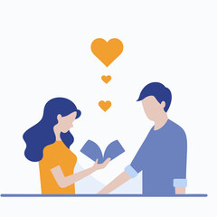 Obraz premium A man and a woman are holding a book together. The man is reading the book while the woman looks at him. Concept of love and companionship between the two