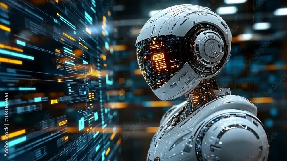 Poster a futuristic humanoid robot standing in a tech-enhanced environment with glowing data streams