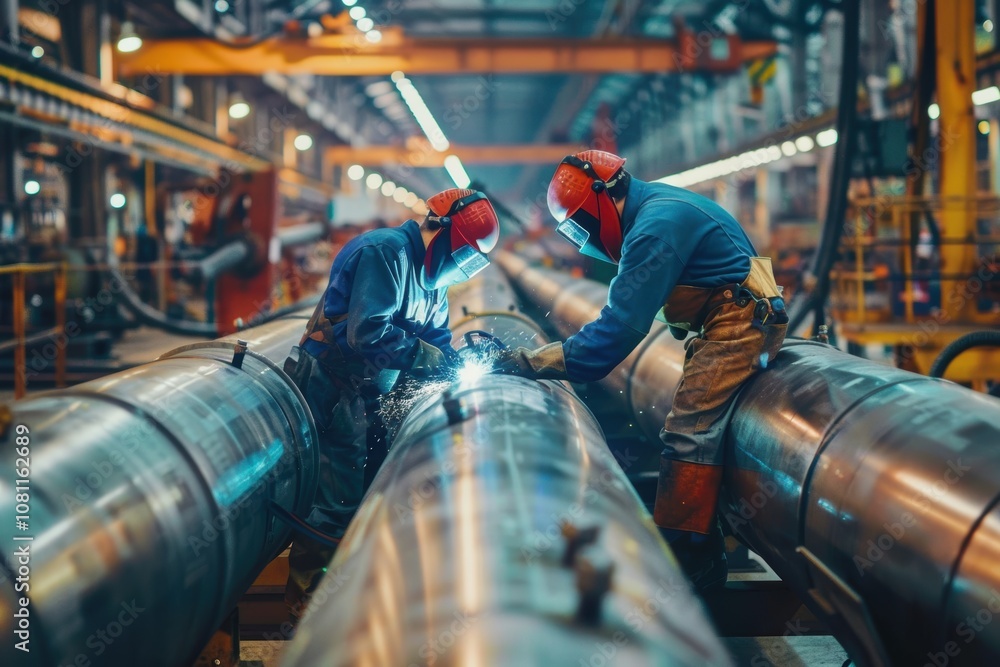Poster skilled welders collaborating in high-tech industrial pipeline project for precision engineering