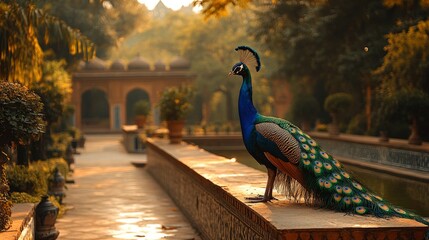 Traditional Mughal garden design with peacock, floral motifs, and Indian architecture artwork