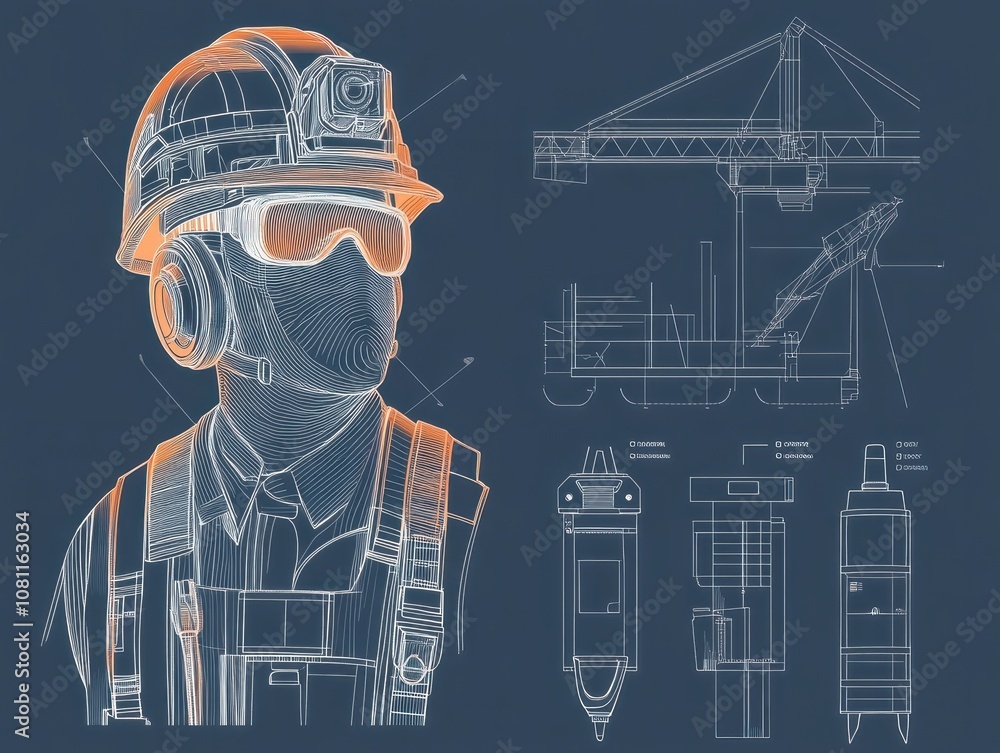 Poster a builder engineer wearing a uniform and protective helmet, equipped with various construction instr