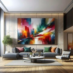 A modern living room with a large, abstract painting on the wall, a comfortable sofa, and a coffee table.