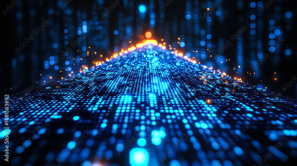 Poster upward digital arrow formed by vibrant blue binary code with pixelated motifs