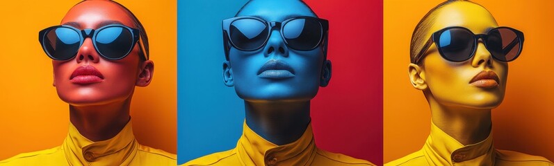 Three different colored images of a woman with sunglasses on, sale discount concept