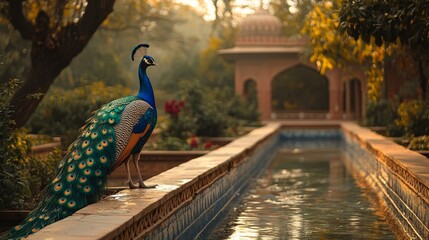 Traditional Mughal garden design with peacock, floral motifs, and Indian architecture artwork