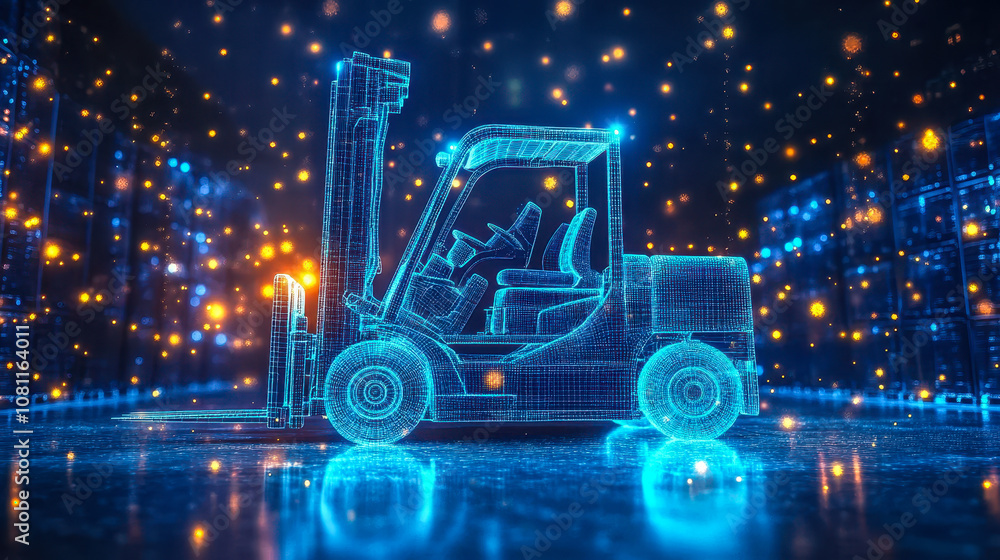 Poster digital blue forklift with glowing data streams for ai-optimized warehouse and inventory control