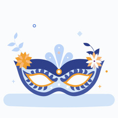 Obraz premium A blue and yellow mask with flowers on it is displayed on a white background. The mask has a blue base and yellow accents, and the flowers are scattered throughout the design