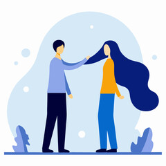 A man and a woman are standing next to each other, with the man touching the woman's hair. Scene is one of affection and closeness between the two people