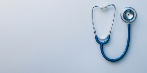 Blue stethoscope lying on a white background with copy space.