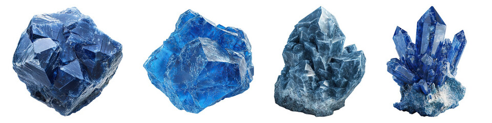 Blue crystal mineral isolated on transparent background, set of