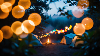 Naklejka premium A serene bokeh effect photography of a camping scene at dusk