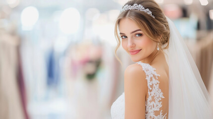 Naklejka premium Smiling bride in elegant wedding dress poses for the camera with soft background. Generative AI