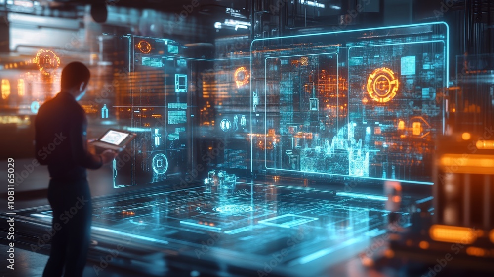 Poster futuristic first customer capture device creating a reality mesh of an industrial plant and iot holo