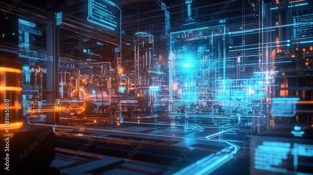 Poster futuristic first customer capture device creating a reality mesh of an industrial plant and iot holo