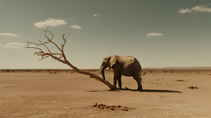 Lone Elephant in Arid Landscape, african elephant, desert, dry, cracked earth, drought