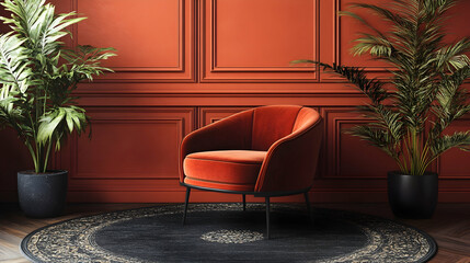 Obraz premium Burnt Orange Velvet Armchair in a Modern Interior, burnt orange armchair, modern armchair, interior design, home decor, living room