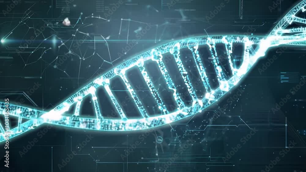 Poster artificial dna structure illuminated by light particles in cyberspace generative ai