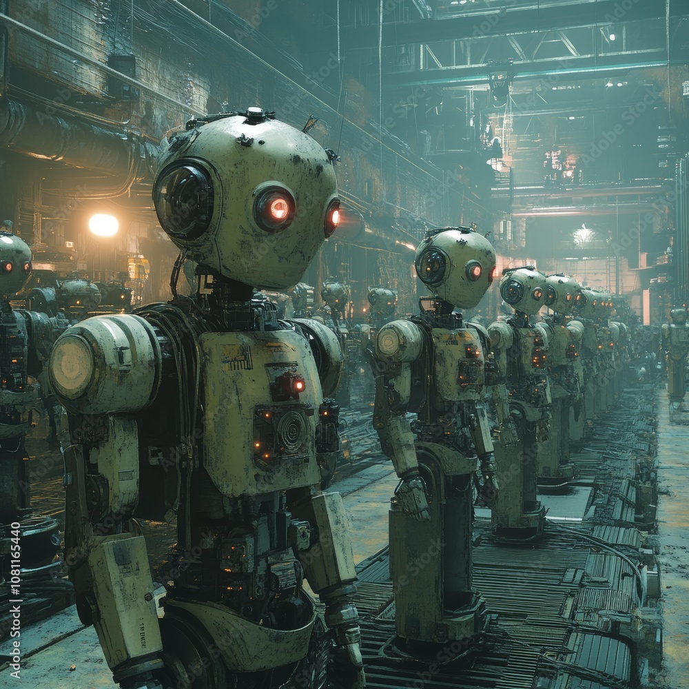 Poster industrial factory interior with multiple robots at work generative ai