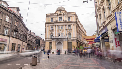 The Eternal flame in the street Ferhadija timelapse hyperlapse is a memorial to the military and...